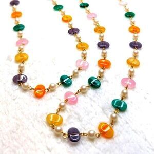 Vintage Natural Stone/Quartz Necklace w/ Faux Pearl Accents - 48" Long
